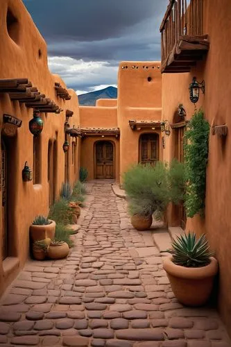 Adobe earth tone buildings, Santa Fe New Mexico, Pueblo Revival style, curved lines, rounded corners, wooden doors, wrought iron hinges, terra cotta roof tiles, rustic stone walls, vibrant turquoise a