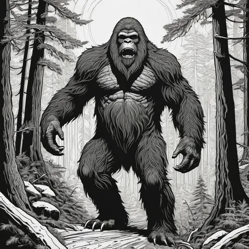 gorilla,king kong,kong,silverback,ape,yeti,wolfman,forest man,woodsman,great apes,tarzan,neanderthal,gorilla soldier,orangutan,cave man,caveman,tree man,mumiy troll,primate,hulk,Illustration,Black and White,Black and White 01