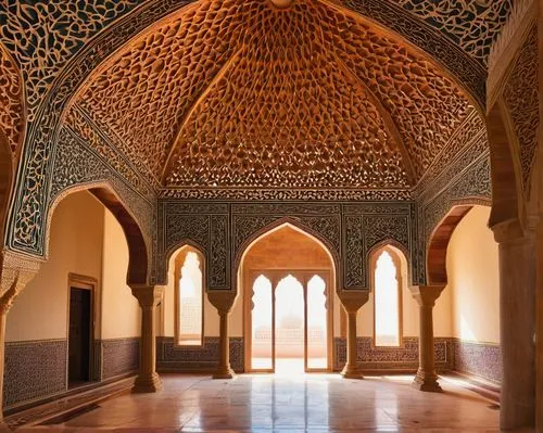 Mosque, Indo-Islamic architecture, intricate arches, domes, minarets, Islamic calligraphy, geometric patterns, ornate carvings, marble floors, grand entrance, pillars, arabesques, jali windows, lattic