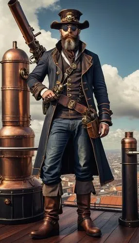 Steampunk pirate, rugged masculine face, bushy brown beard, goggles on forehead, leather-bound eye patch, intricate mechanical arm, copper pipes, brass buttons, worn denim pants, knee-high leather boo