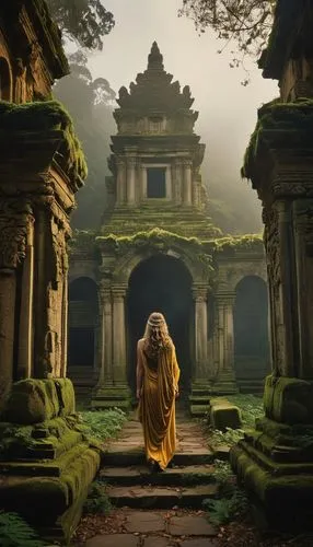 Ancient ruins, abandoned temple, crumbling stone walls, intricate carvings, moss-covered statues, overgrown with vines, mysterious ambiance, warm golden lighting, misty atmosphere, fog rolling in, atm