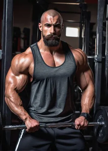 Muscular man, bodybuilder, Futa, 25yo, shaved head, strong facial features, intense gaze, thick beard, mustache, sweat droplets, athletic physique, massive biceps, triceps, chest muscles, ripped abs, 