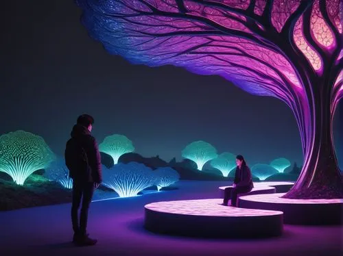 Computational landscape, futuristic park, parametric design, algorithmic plants, geometric flowers, fractal trees, generative terrain, undulating hills, winding paths, LED light installations, neon-li