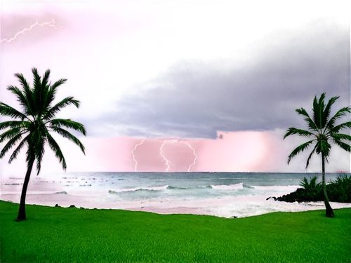 Hurricane, stormy weather, dark clouds, heavy rain, strong wind, lightning flashes, turbulent sea waves, palm trees swaying, destroyed buildings, debris scattered, dramatic lighting, cinematic composi