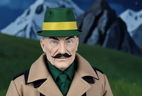  
Green alpine hat with wide yellow hat band Monocle in right eye small German maxed ends mustache bald head wrinkles  Dark green shooting jacket male 1/6th scale doll,an action figure is wearing an g