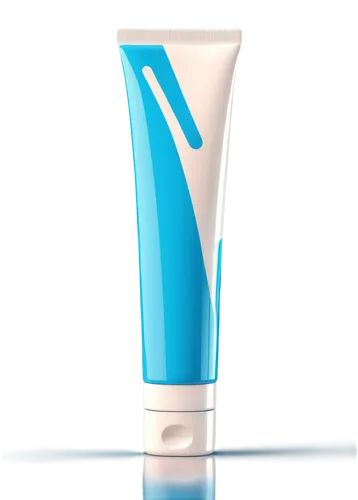 Toothpaste tube, white and blue stripes, rounded cap, shiny surface, reflective material, standing upright, slight tilt, morning light, soft focus, 3/4 composition, pastel color tone, creamy texture, 