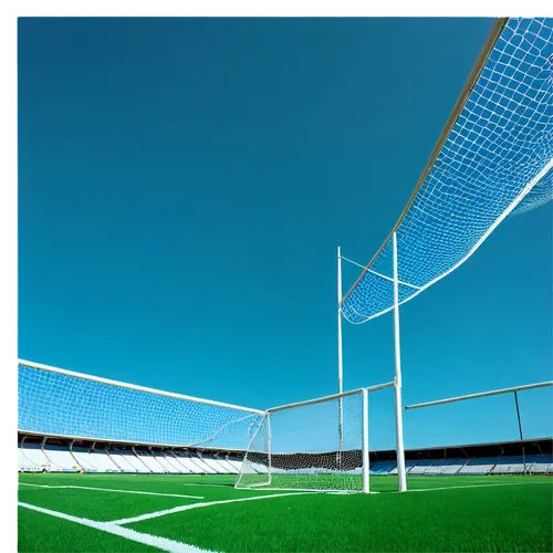 Goal picture, football stadium, daytime, sunny weather, blue sky, green grass, white goalposts, nets attached, detailed textures, realistic shading, low-angle shot, 3/4 composition, vibrant colors, ci