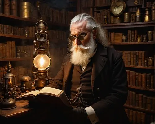 Steampunk mage, mature man, long white beard, goggles on forehead, top hat, leather-bound tome, intricate clockwork machinery, golden accents, ornate bronze cane, worn brown gloves, intricately carved