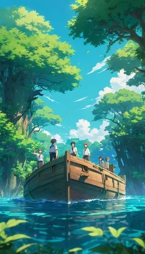 ghibli,studio ghibli,boat landscape,hoenn,explorers,fishing,sea scouts,raft,boat ride,travelers,ponyo,little boat,underwater background,fishing classes,fishermen,floating islands,voyage,canoeing,pedalo,boat trip,Illustration,Japanese style,Japanese Style 03