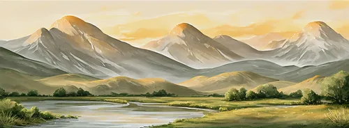 The soft light of the sky comes from the gentle ripples of a desert landscape as the gentle water reflects the majestic golden mountains that soar above the horizon. The sun is setting, casting a warm