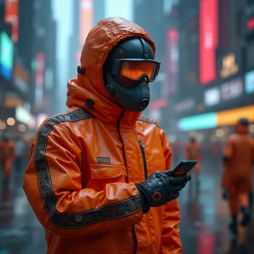 rainwear,woman holding a smartphone,orange,wet smartphone,raincoat,orange robes,cybertrader,protective suit,cbrne,straitjacketed,cbrn,jacketed,decontaminated,decontaminating,decontaminate,fresh orange,techradar,cyberpatrol,garrisoning,orange color,Photography,General,Realistic