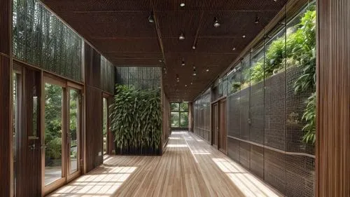 a hallway with some bamboo in the middle of it,garden design sydney,breezeway,landscape design sydney,amanresorts,walkway,corten steel,landscape designers sydney,wintergarden,hallway space,associati,v