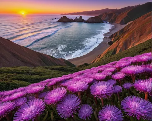 sea of flowers,purple landscape,flower in sunset,pacific coastline,splendor of flowers,purple flowers,chive flowers,ice plant,wildflowers,beautiful landscape,sea-lavender,california lilac,coastal landscape,beautiful beaches,field of flowers,the valley of flowers,splendid colors,purple anemone,cliffs ocean,landscapes beautiful,Illustration,Paper based,Paper Based 05