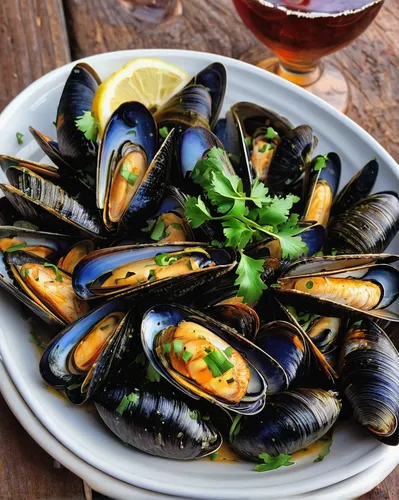 Describe the tantalizing aroma and flavor of grilled mussels at a seaside restaurant.,mussels,grilled mussels,mussel,new england clam bake,shellfish,clams,baltic clam,paella,clam sauce,sea food,stuffe