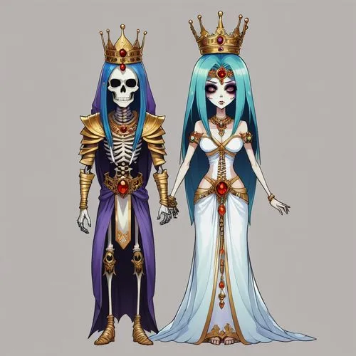 2d front sprite of a gothic colored spooky evil anime mummy goddess king and queen monster, transparent background,two women wearing skeleton costumes and one is blue and the other is white,consorts,p