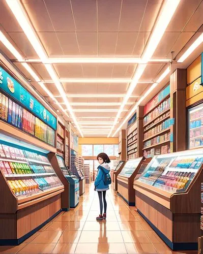 convenience store,grocery,supermarket,grocery store,grocer,supermarket shelf,shopping icon,consumerism,deli,consumer,cosmetics counter,woman shopping,grocery shopping,watercolor shops,store,minimarket,aisle,pharmacy,commerce,pantry,Anime,Anime,Realistic