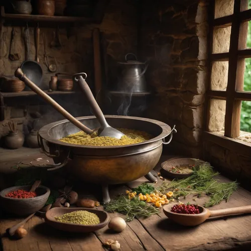 In a medieval kitchen, a ladle possesses magical powers. Write a fantasy tale.,cooking pot,cooking ingredients,dwarf cookin,cookery,mystic light food photography,culinary herbs,mortar and pestle,tibet