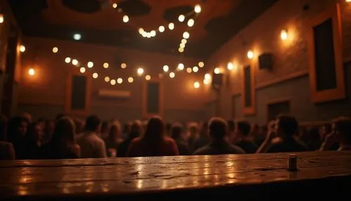 Intimate music venue, rustic wooden stage, vintage microphone, dimmed warm lighting, plush audience seating, soundproofed walls, acoustic panels, state-of-the-art sound system, crystal-clear audio, re