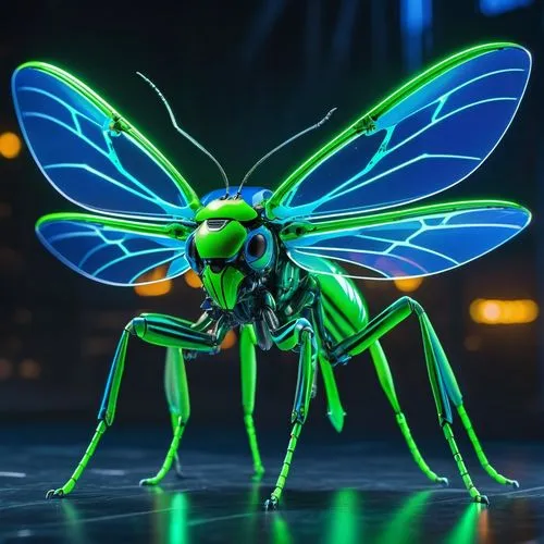 un misterioso supervillano espacial con una armadura tecnologica insectoide futurista azul con luces neon verde con un semblante amenazante,waspinator,neuroptera,diptera,dipteran,cosmopterix,patrol,sp