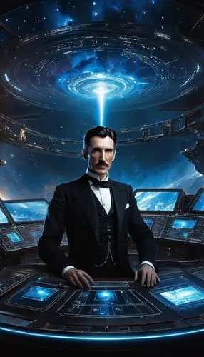 Nikola Tesla, many stars, high-tech interstellar multi-level warship, glowing blue light, super-developed by powerful unknown race, Eagle Nebula, Nikola Tesla, in the ship's control room,an image of t