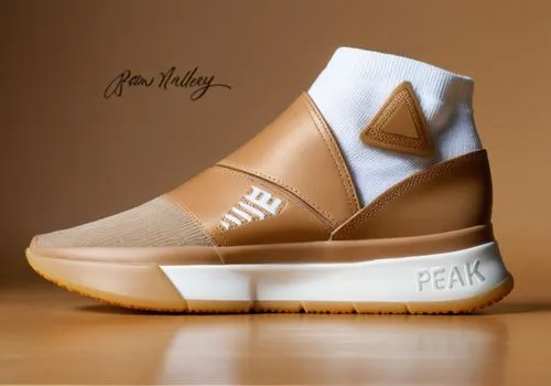 Sock sneaker, wrapped design, all tan with white foot and triangle logos, white sole,  tan "PEAK" name ,PEAK sock and leather sneaker ,feiyue,flax,wheat,bearpaw,puma,fendi,Photography,General,Realisti