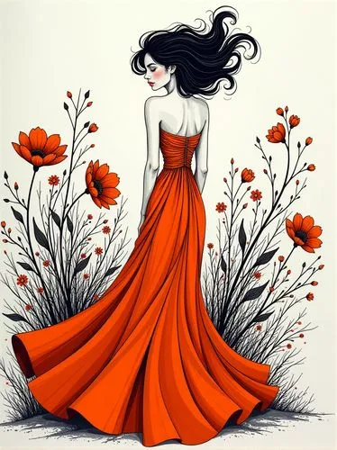 orange rose,girl in a long dress,a floor-length dress,ballgown,orange roses,orange poppy,Illustration,Black and White,Black and White 01