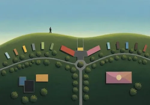 a man looking down on a lush green hillside,microworlds,pixeljunk,gondry,locoroco,hertzfeldt,rambow,Art,Artistic Painting,Artistic Painting 48