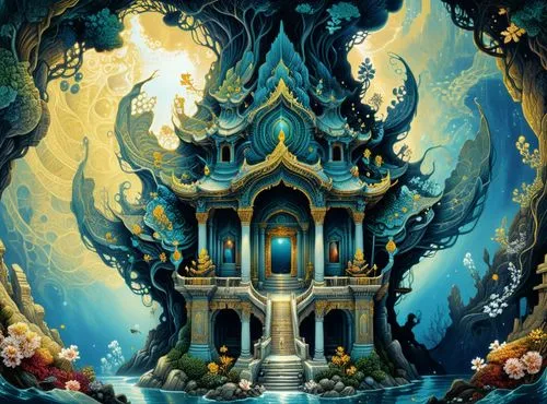 amazing fractal,an ornate scene with a pagoda built in a tree,fantasy art,fairy tale castle,fantasy picture,sea fantasy,atlantica,water palace,house of the sea,fantasy landscape,wishing well,atlantean