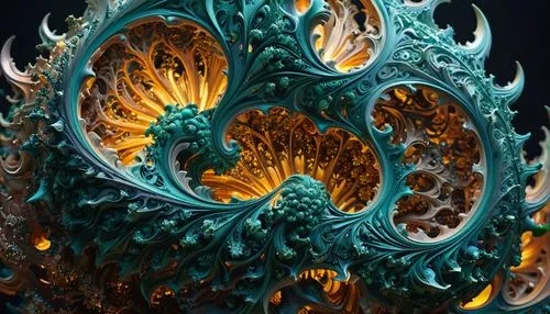 mandelbulb,fractals art,fractal art,fractalius,apophysis,fractal environment,fractals,fractal,light fractal,cinema 4d,celestial chrysanthemum,nautilus,fractal lights,fractal design,intricate,ornate,deep sea nautilus,turquoise,malachite,glass ornament,Photography,General,Fantasy