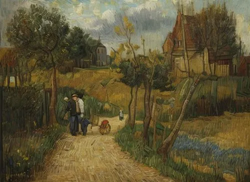 Painting in the style of Vincent van Gogh in 1884,ausley,pissarro,agricultural scene,sisley,gertz,mccubbin,boskoff,breughel,village scene,vincent,sentier,conder,rousseau,agouron,daubigny,vincent van g