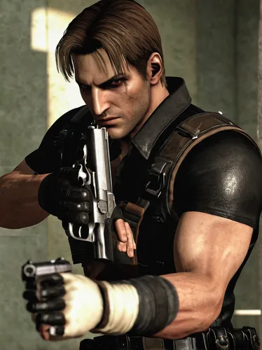 video game, Resident Evil 4 Remake, Punisher pistol, Blacktail pistol, detailed textures, metallic finish, gun comparison, Leon S. Kennedy, action pose, aiming, tactical gear, combat gloves, dimly lit