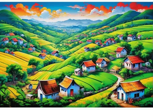 mountain village,motif,khokhloma painting,vegetables landscape,escher village,villages,ha giang,rural landscape,sapa,home landscape,asturias,farm landscape,alpine pastures,agricultural,landscape background,village scene,transilvania,guizhou,village life,viet nam,Conceptual Art,Graffiti Art,Graffiti Art 09