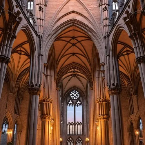 cathedral hall interior , vaults ,large cathedral with lights and columns lit up inside,ulm minster,nidaros cathedral,transept,organ pipes,cologne cathedral,main organ,cathedrals,vaulted ceiling,neogo