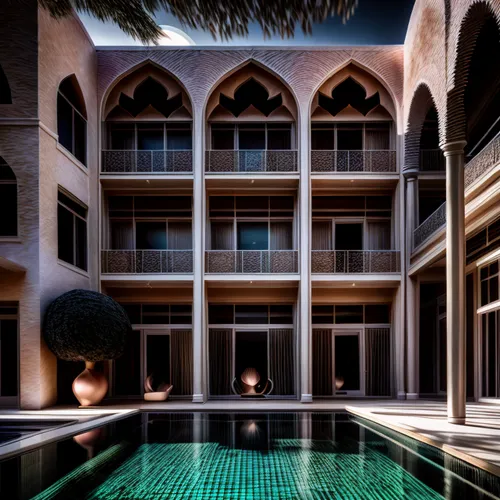 zoom out 2x,night photography,people around pool enjoying,ultra detailed,persian furniture,night light,moon reflection,,riad,souk madinat jumeirah,jumeirah,marrakesh,largest hotel in dubai,morocco,qas