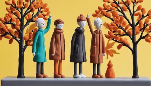 marzipan figures,wooden figures,miniature figures,clay figures,seasonal autumn decoration,soapberry family,halloween bare trees,autumn decoration,paper art,arrowroot family,ginger family,figure group,figurines,four seasons,cardstock tree,clay animation,pensioners,trees with stitching,three wise men,christmas crib figures,Unique,3D,Clay