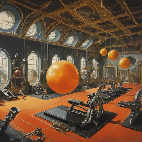 Imagine a futuristic setting where exercise balls are used for advanced workouts in zero gravity.,fitness room,fitness center,leisure facility,exercise ball,exercise equipment,medicine ball,gymnastics