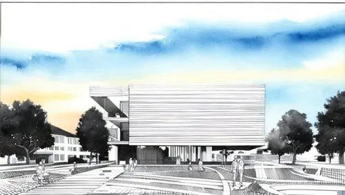 sky watercolor wash,school design,white buildings,matruschka,new city hall,facade panels,kirrarchitecture,archidaily,new building,contemporary,palo alto,3d rendering,multistoreyed,biotechnology resear