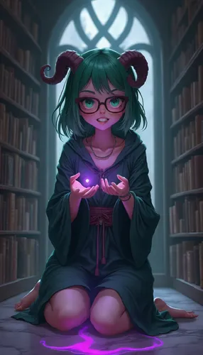 A girl holds an orb of pulsing purple energy as purple lightning crackles on the floor.,librarian,fukawa,bookworm,spellbook,schierke,eto