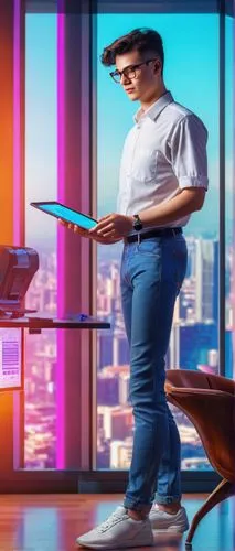 Modern software engineer, standing, confident posture, glasses with thin frames, short hair, subtle smile, white shirt, dark blue jeans, black sneakers, holding a tablet, designing an application arch