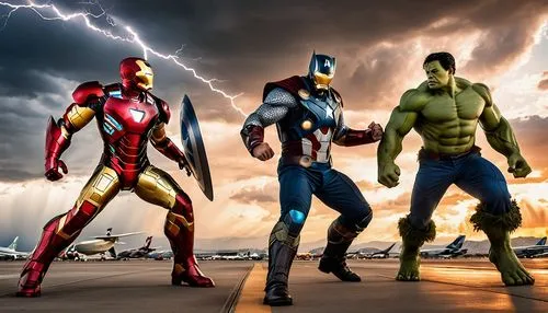 On one side are Loki and Thor and on the other side are Iron Man and Hulk. These four are fighting. In the background is Los Angeles airport. Many airplanes are blasting and lightning is striking.,thr