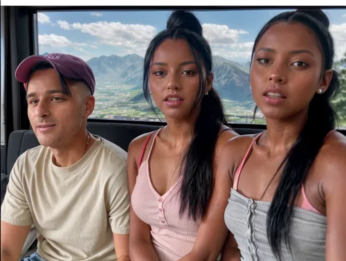 They are a couple.  They are sitting in the cinema watching a movie.  He wears jeans and a black button-up shirt.  She wears a short pink dress.  Her black hair is pulled into a ponytail.,seychellois,