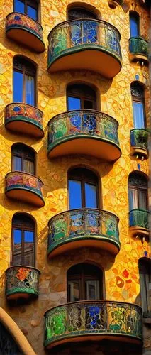 Barcelona, Spain, Gaudí-inspired architecture, colorful mosaic tiles, intricate stone carvings, ornate balconies, grand staircases, Gothic Quarter, La Rambla, modernist buildings, Casa Batlló, curved 