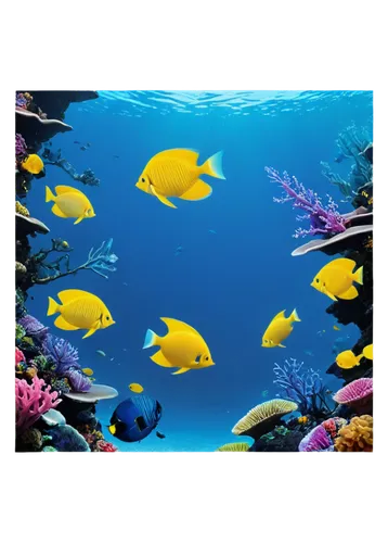 Marine life, underwater scene, colorful coral reef, various ocean animals, blue tang fish, yellow butterflyfish, regal angelfish, sea turtles, dolphins, sharks, squid, octopus, jellyfish, seaweed, oce