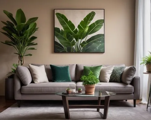 Cozy small living room, modern minimalist style, warm beige walls, dark wood flooring, comfortable grey sofa, pillows with geometric patterns, glass coffee table, sleek metal legs, potted green plants