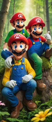 Mario, Luigi, brothers, stoned, relaxed posture, messy hair, red caps, blue overalls, yellow shirts, mustaches, sleepy eyes, smiling faces, leaning on each other, sitting on a mushroom, forest environ