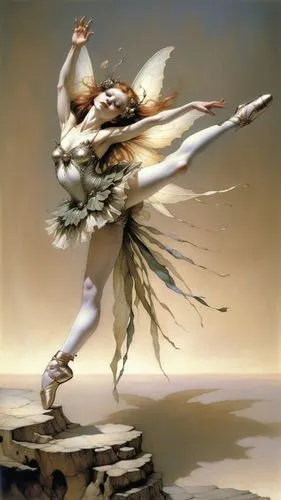 fairy with short dress, ballet pose,  ,a painting of a woman wearing white dancing,dancer,balletto,bayadere,balletic,ballet dancer,fischl,Illustration,Realistic Fantasy,Realistic Fantasy 14