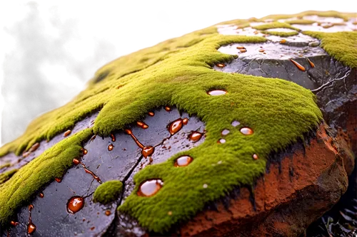 Rocks, chemical weathering, erosion, solo, (macro), detailed cracks, rough texture, brown rust color, moss growth, dripping water, foggy atmosphere, low-key lighting, close-up composition, shallow dep