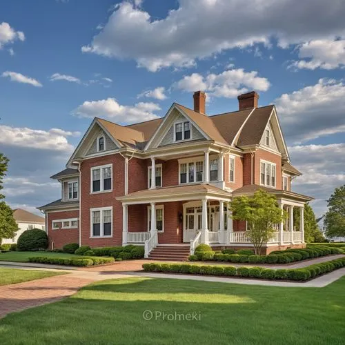 a large brick house with lots of plants and bushes in front,new england style house,victorian house,pei,country estate,country house,beautiful home,Photography,General,Realistic