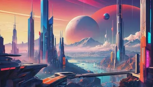 futuristic landscape,scifi,alien planet,alien world,sci fiction illustration,sci-fi,sci - fi,sci fi,fantasy landscape,futuristic,space art,vast,gas planet,space port,science fiction,fantasy city,cityscape,space ships,exoplanet,terraforming,Art,Artistic Painting,Artistic Painting 43