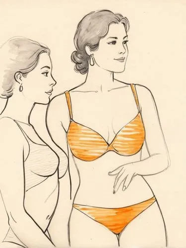 Ink drawing of some beautiful bikini women who stand next to a bed,two women wearing s and holding onto each other,rotoscoped,burkinabes,rotoscoping,rotoscope,summer line art,wesselmann,Illustration,P